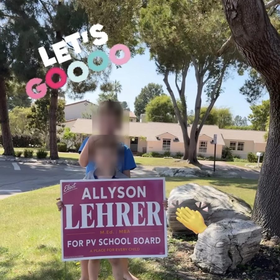 Two young supporters holding an Allyson Lehrer lawn sign